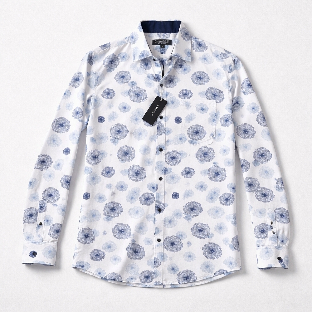 Daniel K Blue Floral Button Down Shirt Mens Med NWT Modern Dress Casual